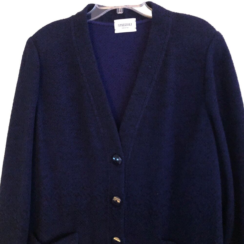 Stizzoli Wool Boucle Knit Oversized Cardigan Womens 18 Navy Sweater Jacket Italy - Picture 3 of 15